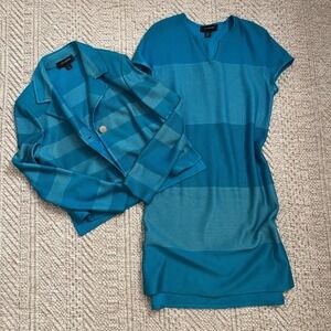 St. John Knit Dress Set Turquoise Blue Striped Jacket and Sheath Dress 8 10